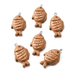 Верблюжий Непрозрачные подвески из искусственной смолы, подвески в виде рыбы-кебаба с железными петлями платинового цвета, верблюжие, 30x17x7 мм, отверстие : 2 мм