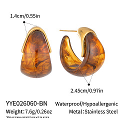 Perú 304 Pendientes de resina de acero inoxidable para mujer, pendientes de medio aro, dorado, Perú, 24.5x14 mm