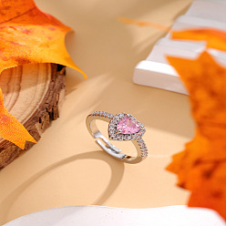 Платина Кольца-манжеты в форме сердца из латуни с микропаве из ярко-розового кубического циркония для женщин, платина, 2~10 мм, внутренний диаметр: 17 мм