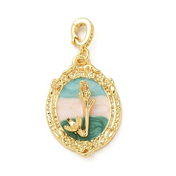 Средний Бирюзовый Латунные подвески, с эмалью, овал с цветочными подвесками, без кадмия, без никеля и без свинца, реальный 18 k позолоченный, средне бирюзовый, 31x21.5x7 мм, отверстие : 5x3.5 мм