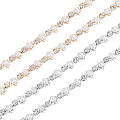 Platinum & Light Gold 4 двор 2 стиль стразы чашки цепи с АБС пластик жемчужные бусины, цепи из сплава и железа, платина и светлое золото, 4.5~8.5x4~5 мм, 2 ярды / стиль