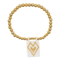 Белый Богемные стеклянные браслеты с подвесками из бисера, латунные круглые бусины эластичные браслеты для женщин, Прямоугольник с сердцем, золотые, белые, регулируемый