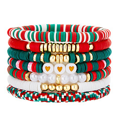 Красный 7 Набор эластичных браслетов для женщин с рисунком рождественских сердечек из полимерной глины, пластиковых бусин и жемчуга, пластиковых бусин CCB., красные, внутренний диаметр: 2.56~5.12 дюйм (6.5~13 см)