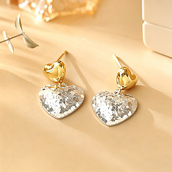 Silver Brass Stud Dangle Earrings for Women, Heart, Silver, 20x15mm