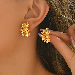 Настоящее золото 18K Серьги-гвоздики в форме буквы С с цветком из латуни, реальный 18 k позолоченный, 20x13 мм