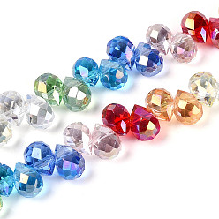 (52) Непрозрачная лаванда Гальванизируйте прозрачное стекло бисер нитей, слеза, сверху просверленные бусы, граненые, разноцветные, 7.5~8.5x5.5~6 мм, отверстие : 0.9~1 мм, около 64 шт / нитка, 11.61 дюйм (29.5 см)