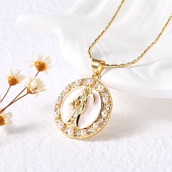 Настоящее золото 18K Плоские круглые подвески с латунным микро-паве из кубического циркония Санта Муэрте, с жемчугом из раковины , реальный 18 k позолоченный, 16.93 дюйм (43 см), Кулон : 24.5x22x3 мм