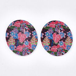 Colorful Printed Wooden Big Pendants, Dyed, Oval with Flower, Colorful, 63x50x2.5mm, Hole: 1.2mm