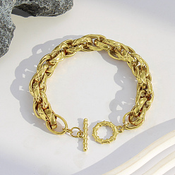 Золотой Текстурированные 304 браслеты из нержавеющей стали с двойными звеньями для женщин, овальные, золотые, 8.31 дюйм (21.1 см)