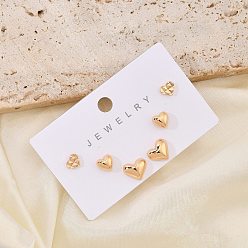 Настоящее золото 18K Наборы сережек-гвоздиков из латуни для женщин, сердце, реальный 18 k позолоченный, 5~8x6~9.5 мм, 3 пар / набор