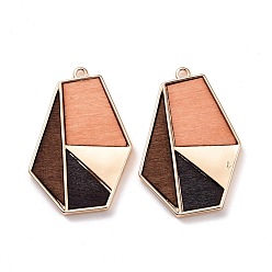 Light Gold Alloy Pendants, with Dyed Wood, Irregular Hexagon with Geometric Pattern, Light Gold, 41x28.5x3mm, Hole: 2mm