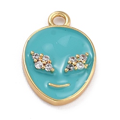 Medium Turquoise Golden Plated Brass Micro Pave Clear Cubic Zirconia Pendants, with Enamel, Long-Lasting Plated, Extra-terrestrial, Medium Turquoise, 17x11.5x2mm, Hole: 1.6mm