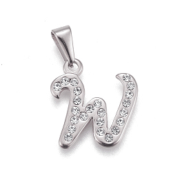 Letter W 304 Stainless Steel Pendants, with Rhinestone, Letter, Letter.W, 20.5x19x2mm, Hole: 3~3.5x7.5~8mm