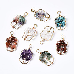 Mixed Stone Natural & Synthetic Gemstone Pendants, Golden Tone Brass Wire Wrapped, Tree, Bottle, 37~38x21.5~22.5x4.5~7.5mm, Hole: 4mm