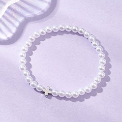 Белый АБС-пластик имитация жемчужных бусин эластичные браслеты, украшения из латуни для женщин, круглый и крест, платина, белые, бусины : 6 мм, внутренний диаметр: 2.24 дюйм (5.7 см)