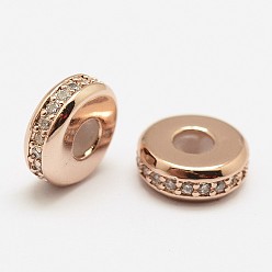 Розовый Позолоченный Латунный микро-pave класс ааа кубического циркония шарики слайдера, с пластиковым, плоско-круглые, без кадмия, без никеля и без свинца, Настоящее розовое золото покрыто, 8x3 мм, отверстие : 3 мм