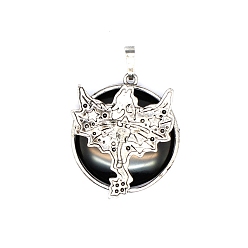 Обсидиан Натуральный обсидиан плоский круглый с подвесками в виде дракона, металлические подвески птерозавры, античное серебро, 38x32 мм