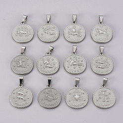 Stainless Steel Color 304 Stainless Steel Pendant Sets, Flat Round with Twelve Constellation/Zodiac Sign, Stainless Steel Color, 29x25x3.2mm, Hole: 9x4.5mm, 12pcs/set
