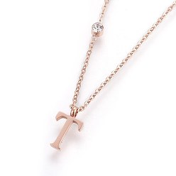 Letter T 304 Edelstahl-Halsketten, mit Glas Strass, Kristall, Roségold, letter.t, 16.1~16.5 Zoll (41~42 cm), Anhänger: 11x5~8.5x1 mm