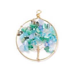 Turquoise Electroplate Glass Pendants, with Real 18K Gold Plated Tone Eco-Friendly Copper Wire, Ring with Tree, Turquoise, 47~50x38~39x5~6mm, Hole: 2.5~4.5mm
