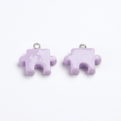 Purple Plastic Pendants, with Iron Loop, Puzzle Piece, Platinum, Purple, 16.5~17x19x4.5mm, Hole: 2mm