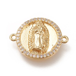 Real 18K Gold Plated Brass Links Connectors, with Micro Pave Clear Cubic Zirconia, Flat Round with Virgin Mary, Real 18K Gold Plated, 15x19x3mm, Hole: 1mm