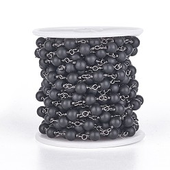 Black Handmade Glass Beaded Chains, Unwelded, with Brass Findings, with Spool, Frosted, Round, Gunmetal, Black, 6mm, about 32.8 Feet(10m)/roll