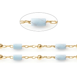 Natural Turquoise Handmade Natural Turquoise Beaded Chains, Real 18K Gold Plated Plated Brass Chains, Soldered, with Spool, Long-Lasting Plated, 4~5x2~2.5mm, Beads: 2mm, Link: 2x1x0.2mm and 2x1.5x0.2mm, about 32.8 Feet(10m)/roll