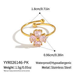 Pink 304 Открытые кольца-манжеты из нержавеющей стали с кубическим цирконием, клевер, широкая полоса кольца, реальный 18 k позолоченный, розовые, 9.6 мм, 18 мм