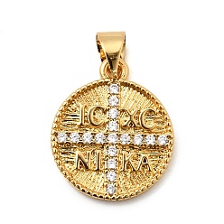 Настоящее золото 18K Латунные микропаве прозрачные подвески с фианитом, плоские круглые с поперечными прелести, без свинца и без кадмия, долговечный, стойки покрытие, реальный 18 k позолоченный, 17.5x14.5x4 мм, отверстие : 4x3.5 мм