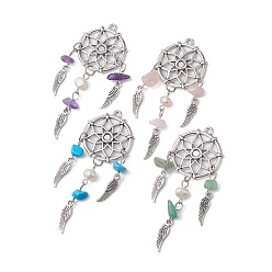 Смешанные камни Большие подвески со смешанной крошкой драгоценных камней, плетеная паутина/сетка из антикварного посеребренного сплава с подвесками в виде перьев, с натуральным культивированным пресноводным жемчугом, смешанные окрашенные и неокрашенные, 72~73x31.5~34x6~7.5 мм, отверстие : 1.8 мм