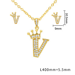 Letter V Наборы подвесок и сережек-гвоздиков из латуни с микропаве из прозрачных кубических цирконий., золотые, письмо с короной, Буква V, 10.5x9 мм и 400 мм