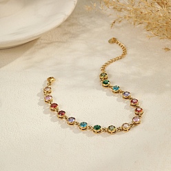 Плоский Круглый 304 Теннисные браслеты из нержавеющей стали с разноцветными кубическими циркониями для женщин, золотые, плоско-круглые, 6.85 дюйм (17.4 см)