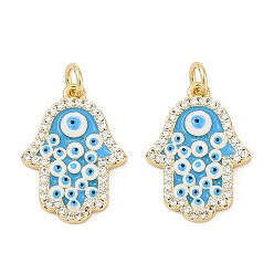 Настоящее золото 18K Латунные микро проложить кубического циркония подвески, с эмалью, рука хамса с оберегами от сглаза, без кадмия и без свинца, прочное покрытие, стойки покрытие, реальный 18 k позолоченный, 20x14.5x2 мм, отверстие : 3.5 мм