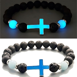 Озёрно--синий Эластичные браслеты из бусин из натуральной лавы, круглые женские браслеты из флюорита и светящихся крестообразных бусин, Плут синий, внутренний диаметр: 2-1/8 дюйм (5.5 см)