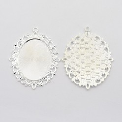 Серебро Сеттинги для кулона (кабошон), овальные, тибетский стиль, без кадмия и без свинца, серебряный цвет гальваническим, лоток : 40x30 мм, 61x48x3 мм, отверстие : 3 мм