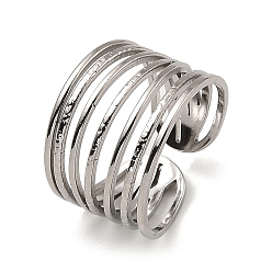 Stainless Steel Color 304 Stainless Steel Open Cuff Rings, Multi Lines, Stainless Steel Color, US Size 6 3/4(17.1mm)