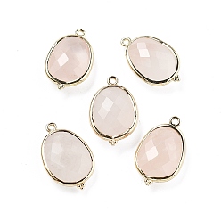 Розовый Кварц Натуральный розовый кварц граненый овальный соединительный шарм, с латунной фурнитурой , золотые, стойки покрытие, 22x13.5x6 мм, отверстие : 1.4 мм