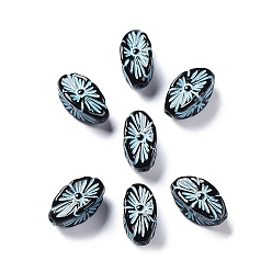 Pale Turquoise Black Opaque Acrylic Beads, Metal Enlaced, Kernel with Flower Pattern, Pale Turquoise, 13.5x7x7mm, Hole: 1.8mm, about 1190pcs/500g