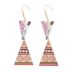 Colorful Printed Iron Dangle Earrings, with 316 Surgical Stainless Steel Earring Hooks, Triangle, Golden, Colorful, 80mm, Pin: 0.7mm
