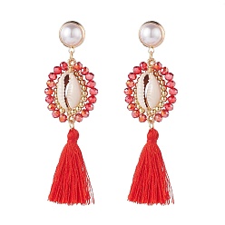 Red Beads Wire Wrap Long Dangle Stud Earring, Natural Shell with Polyester Tassel Drop Earrings for Women, Golden, Red, 85mm, Pin: 0.9mm