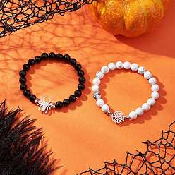 (52) Непрозрачная лаванда 2шт. Хэллоуин 201 браслеты из нержавеющей стали, Браслеты из натурального хаулита и окрашенного и нагретого черного оникса с круглыми бусинами для мужчин и женщин, паук и паутина, разноцветные, внутренний диаметр: 2-1/8 дюйм (5.3 см)