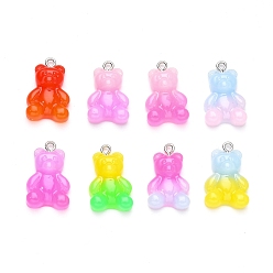 Mixed Color Gradient Color Opaque Resin Pendants, with Glitter Powder and Platinum Tone Iron Peg Bails, Bear, Mixed Color, 23.5x15x6.5mm, Hole: 1.8mm