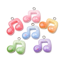 Mixed Color Opaque Resin Pendants, with Platinum Iron Findings, Musical Note Charms, Mixed Color, 22x24x6mm, Hole: 2mm