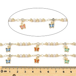 Light Gold Rack Plating Brass Link Chains, with ABS Plastic Imitation Pearl and Butterfly Glass Charms, Long-Lasting Plated, Soldered, with Spool, Light Gold, 23.5x4mm, about 32.81 Feet(10m)/Roll
