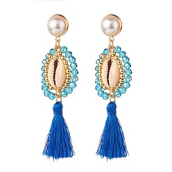 Dodger Blue Beads Wire Wrap Long Dangle Stud Earring, Natural Shell with Polyester Tassel Drop Earrings for Women, Golden, Dodger Blue, 85mm, Pin: 0.9mm