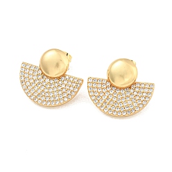Real 16K Gold Plated Fan Brass Pave Clear Cubic Zirconia Stud Earrings, Real 16K Gold Plated, 20.5x23mm
