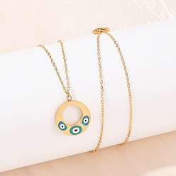 Настоящее золото 18K 304 эмалированное кольцо-подвеска от сглаза из нержавеющей стали для женщин, ионное покрытие (ip), темные бирюзовый, реальный 18 k позолоченный, 17.91 дюйм (45.5 см)