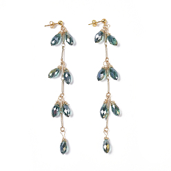 Teal Electroplate Glass Dangle Earrings, with Brass Post Earring Findings and Bar Link Chains, Teardrop, Teal, 108mm, Pin: 0.6mm