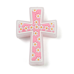 Pink Силиконовые фокусные шарики, крест с цветком, розовые, 34x23.5x8.5 мм, отверстие : 2.5 мм